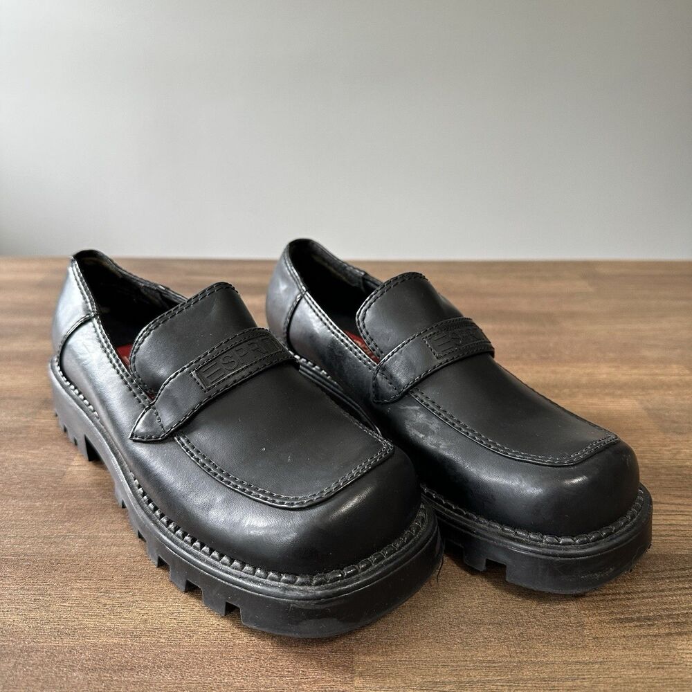 Vtg Esprit Platform Loafers Women 6 Black Faux Leather Lug Sole Academia Y2K 90s
